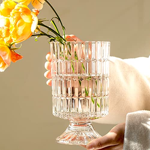 BLOFLO STU BLOFLO Embossed Glass Vase, 7'' Crystal Glass Vases, Pedestal Big Base Glass Bouquet Vase, Hydroponic Glass Transparent Vase for Home Office Wedding Dining Table Party (Ribbed Pattern) - Image 2