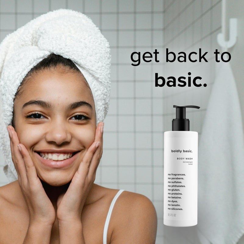 Boldly Basic غسول جسم خالي من العطور - غسول لطيف للبشرة الحساسة - جل استحمام غير معطر - مختبر من قبل أطباء الجلد - خالي من الكبريتات والبارابين والغلوتين - غير مسدود للمسام ومضاد للحساسية - Image 4
