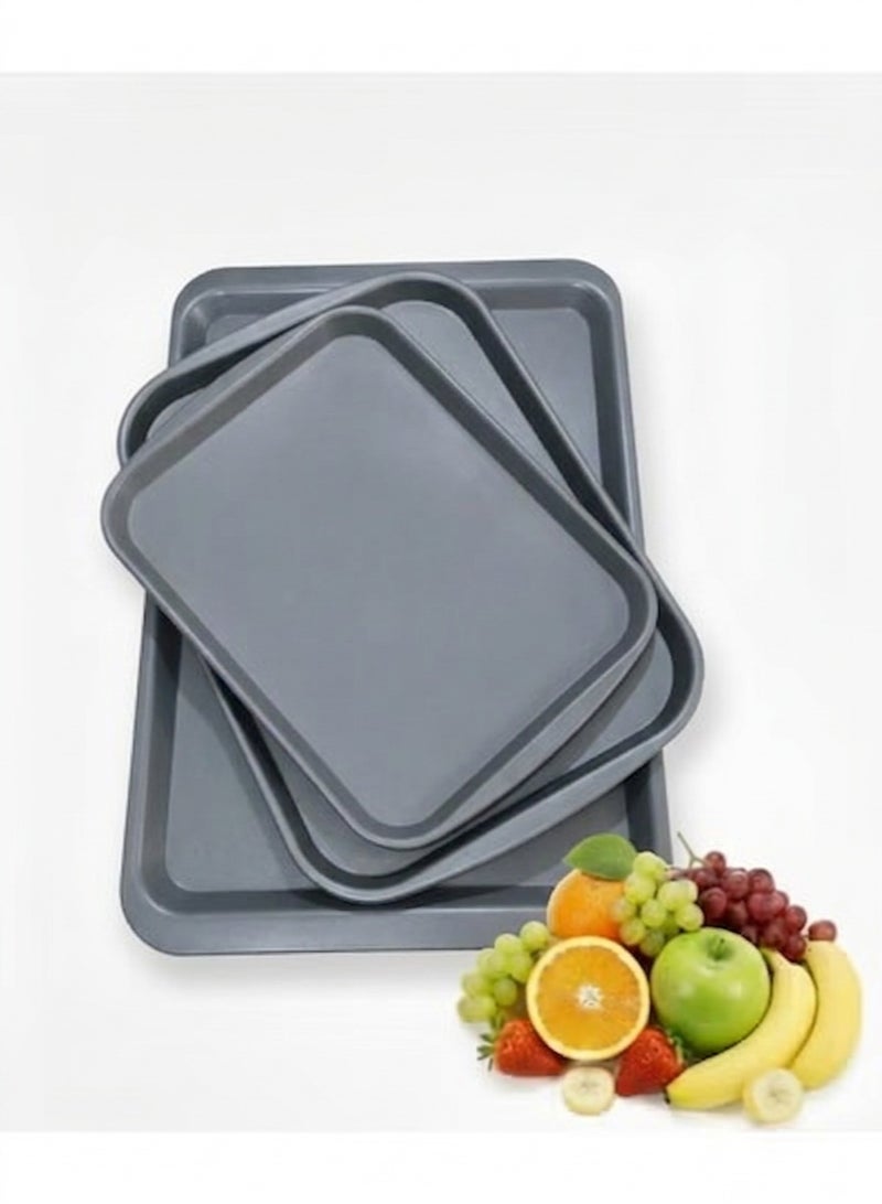 Serving Tray Set – 3 Pieces (Assorted Sizes) – For easily serving food and drinks. Stain and scratch-resistant, easy to clean, and lightweight. Suitable for daily indoor and outdoor use; designed for comfortable handling and use with carts – Gray.