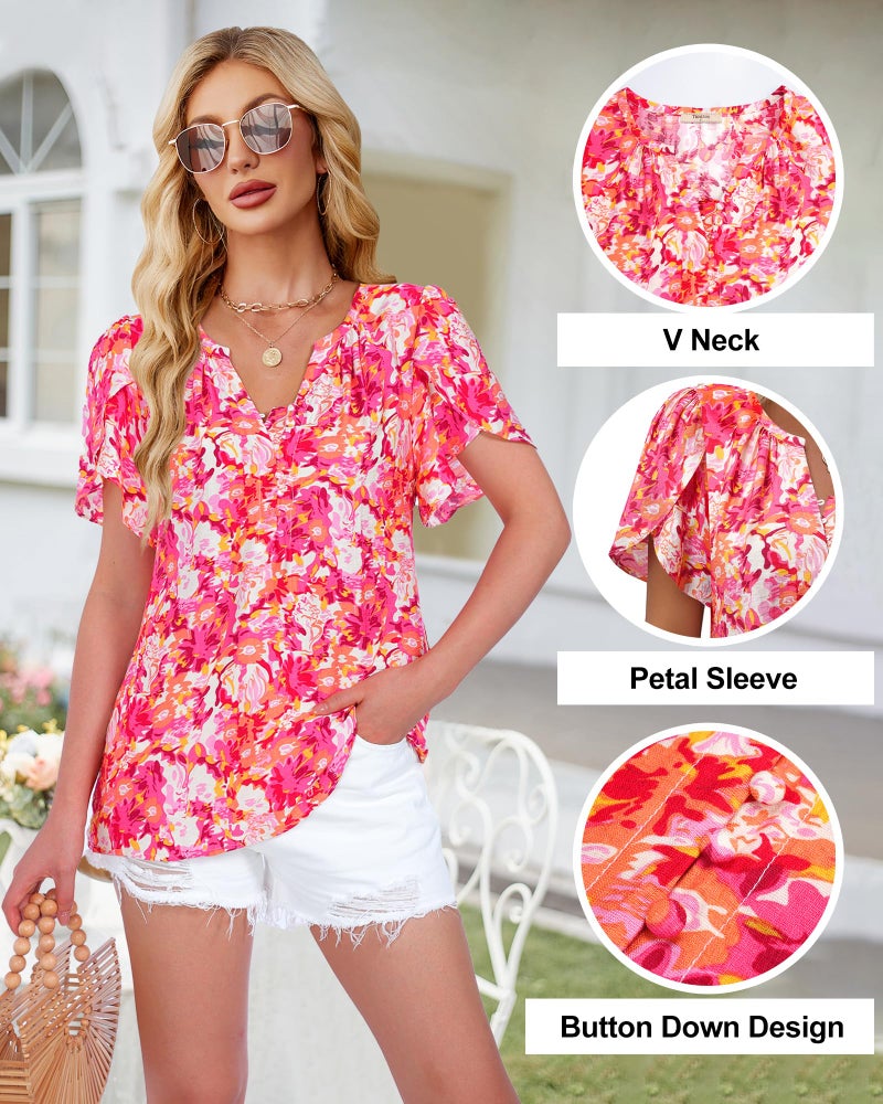 Timeson Womens Summer Tops: Boho Floral â€” Short Sleeve Shirts for Women â€” Lightweight Tops & Blouses Trendy 2025 Beach Vacation Outfits Fashion Flattering Business Casual Clothes Travel Fancy Pink L - Image 5