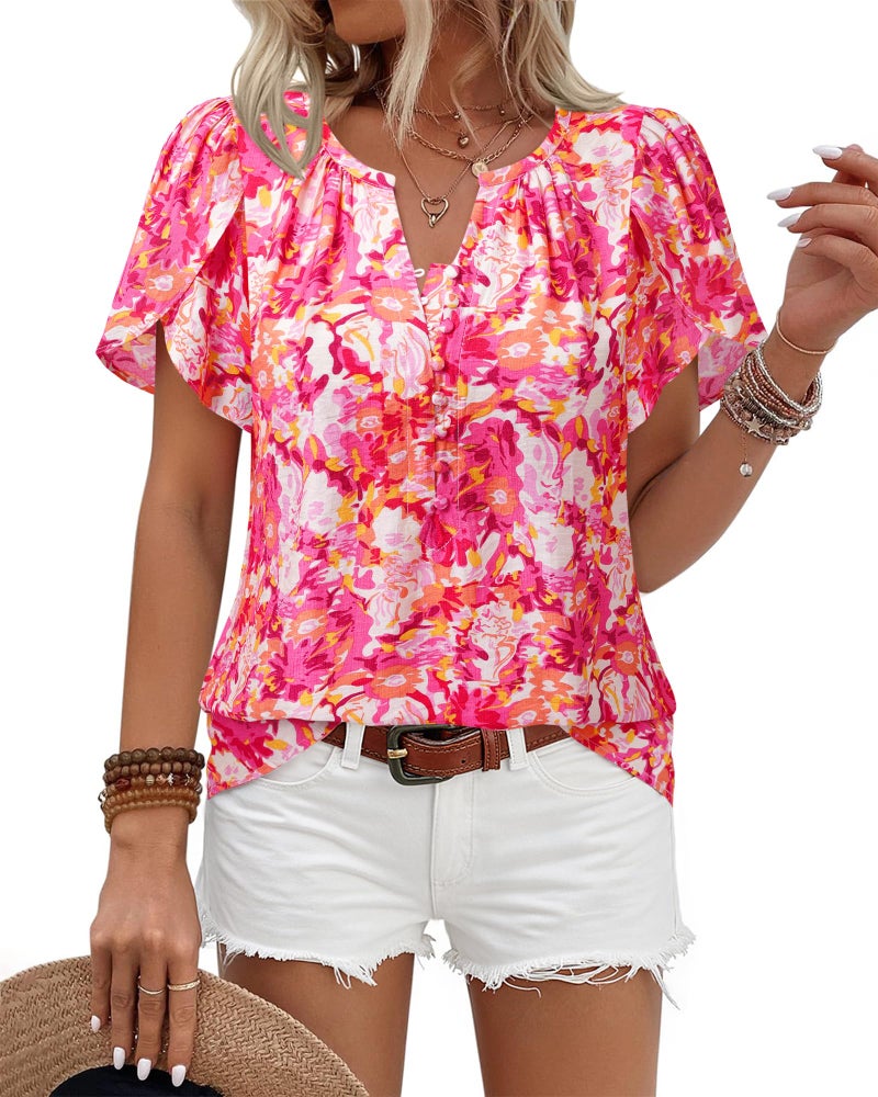 Timeson Womens Summer Tops: Boho Floral â€” Short Sleeve Shirts for Women â€” Lightweight Tops & Blouses Trendy 2025 Beach Vacation Outfits Fashion Flattering Business Casual Clothes Travel Fancy Pink L - Image 1