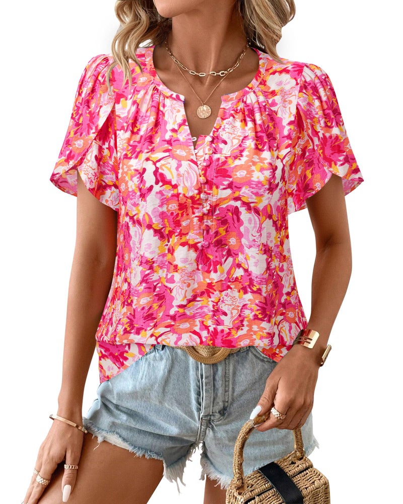 Timeson Womens Summer Tops: Boho Floral â€” Short Sleeve Shirts for Women â€” Lightweight Tops & Blouses Trendy 2025 Beach Vacation Outfits Fashion Flattering Business Casual Clothes Travel Fancy Pink L - Image 2