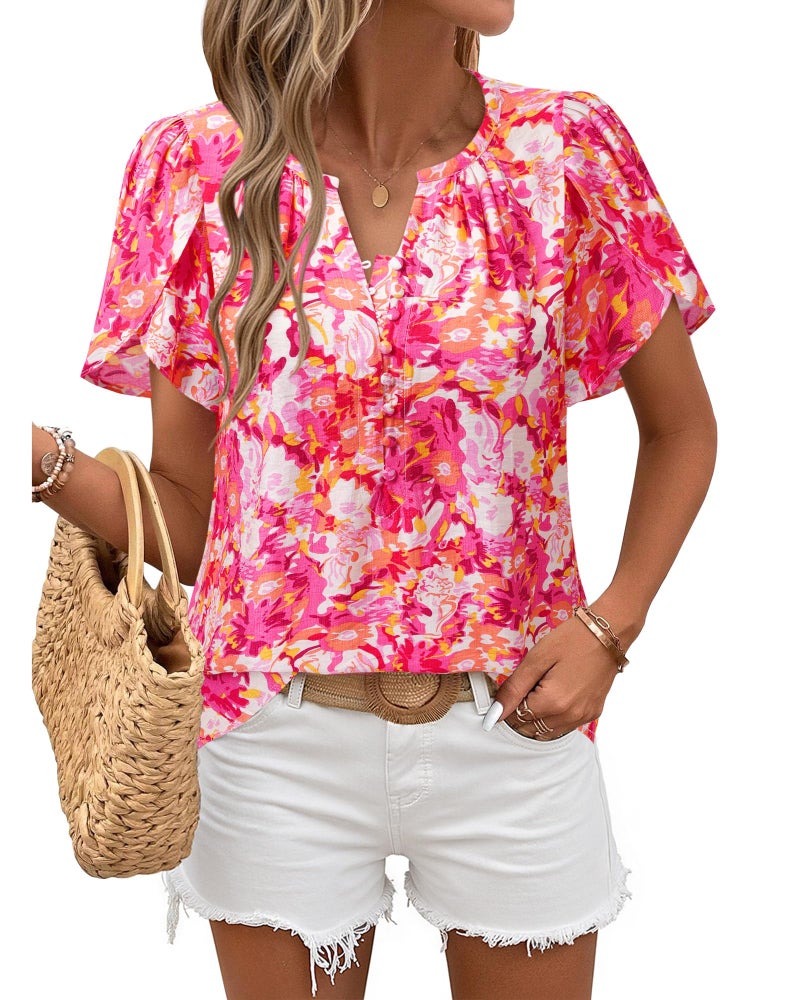 Timeson Womens Summer Tops: Boho Floral â€” Short Sleeve Shirts for Women â€” Lightweight Tops & Blouses Trendy 2025 Beach Vacation Outfits Fashion Flattering Business Casual Clothes Travel Fancy Pink L - Image 4