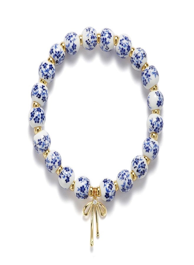 Agromusk Beaded Bow Bracelet Trending Coquette Aesthetic 14k Gold Elegant Blue Floral Romantic Cottagecore, Medium, Ceramic Brass Gold, no gemstone - Image 1