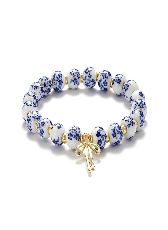 Agromusk Beaded Bow Bracelet Trending Coquette Aesthetic 14k Gold Elegant Blue Floral Romantic Cottagecore, Medium, Ceramic Brass Gold, no gemstone - Image 3