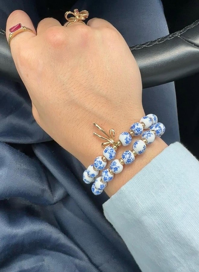 Agromusk Beaded Bow Bracelet Trending Coquette Aesthetic 14k Gold Elegant Blue Floral Romantic Cottagecore, Medium, Ceramic Brass Gold, no gemstone - Image 5