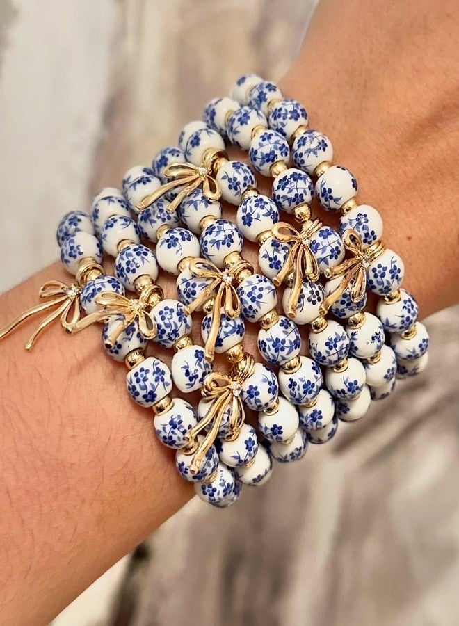 Agromusk Beaded Bow Bracelet Trending Coquette Aesthetic 14k Gold Elegant Blue Floral Romantic Cottagecore, Medium, Ceramic Brass Gold, no gemstone - Image 4