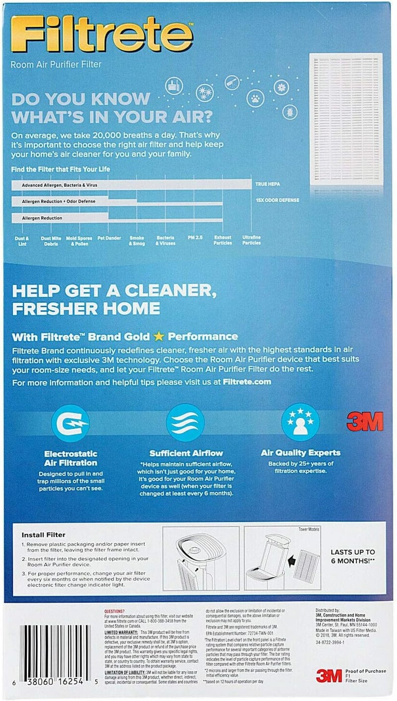FILTRETE True HEPA Allergen Reduction Room Air Purifier, Filter F1, Size: 12in. x 6.75in. x 1.75in, works with C01, T02 & ST02W (1-PACK) - Image 3