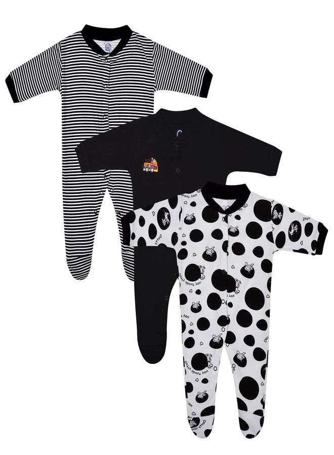 Magic Town® 100% Hosiery Cotton Unisex Long Sleeve Sleep Suit Romper for Boys Girls and Infants Set of 3 (multi color, black) (3-6 Months)