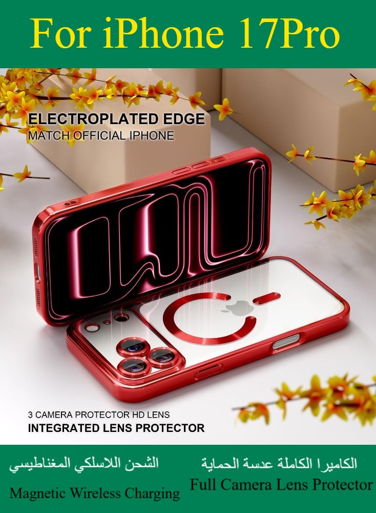 Dili Apple Red case iPhone 17 Pro Magnetic Magsafe Case Compatible with MagSafe [Never Yellowing] [Military Grade Drop Protection] Full Camera Lens Protector Plating Soft Clear Phone Case for Women and Men Cover - Image 5