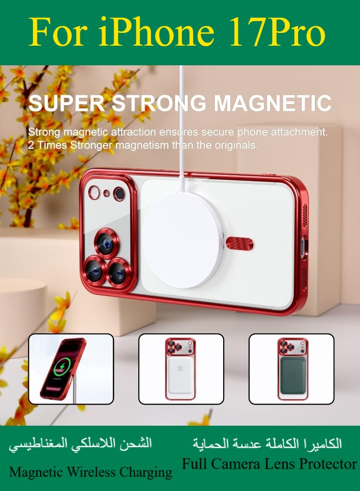 Dili Apple Red case iPhone 17 Pro Magnetic Magsafe Case Compatible with MagSafe [Never Yellowing] [Military Grade Drop Protection] Full Camera Lens Protector Plating Soft Clear Phone Case for Women and Men Cover - Image 4
