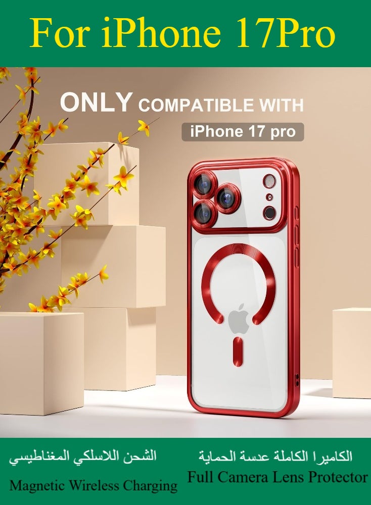 Dili Apple Red case iPhone 17 Pro Magnetic Magsafe Case Compatible with MagSafe [Never Yellowing] [Military Grade Drop Protection] Full Camera Lens Protector Plating Soft Clear Phone Case for Women and Men Cover - Image 1