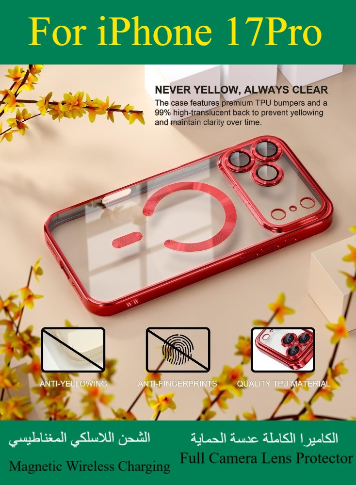 Dili Apple Red case iPhone 17 Pro Magnetic Magsafe Case Compatible with MagSafe [Never Yellowing] [Military Grade Drop Protection] Full Camera Lens Protector Plating Soft Clear Phone Case for Women and Men Cover - Image 2