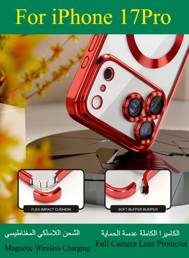 Dili Apple Red case iPhone 17 Pro Magnetic Magsafe Case Compatible with MagSafe [Never Yellowing] [Military Grade Drop Protection] Full Camera Lens Protector Plating Soft Clear Phone Case for Women and Men Cover - Image 3