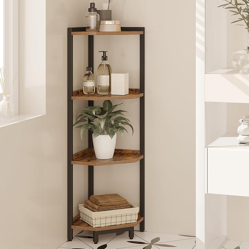 Hzuaneri Corner Shelf Stand Corner Bookshelf Storage Standing Shelf Unit with Metal Frame Plant Stand Corner Bookcase for Living Room Home Office Bedroom 4Tier Rustic Brown CS05801B