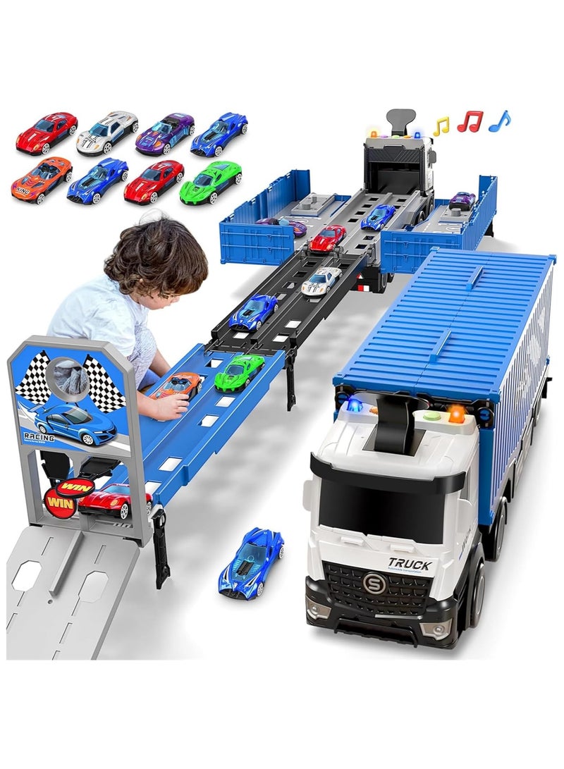 Beauenty Race Car Track Toy Truck Toy with Slots & Foldable Race Tracks Transport Car Carrier Toy for Toddlers Cars Toy Set Container Truck Toy with 8 Alloy Cars Vehicles Toy Set for 3+ Kids Boys Girls - Image 1
