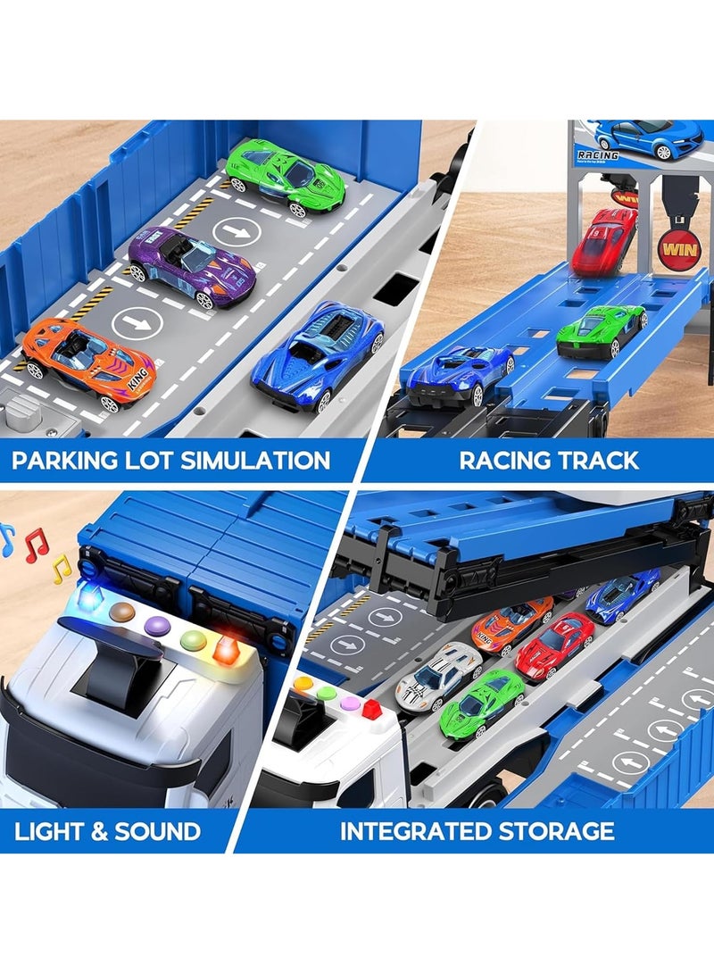 Beauenty Race Car Track Toy Truck Toy with Slots & Foldable Race Tracks Transport Car Carrier Toy for Toddlers Cars Toy Set Container Truck Toy with 8 Alloy Cars Vehicles Toy Set for 3+ Kids Boys Girls - Image 2