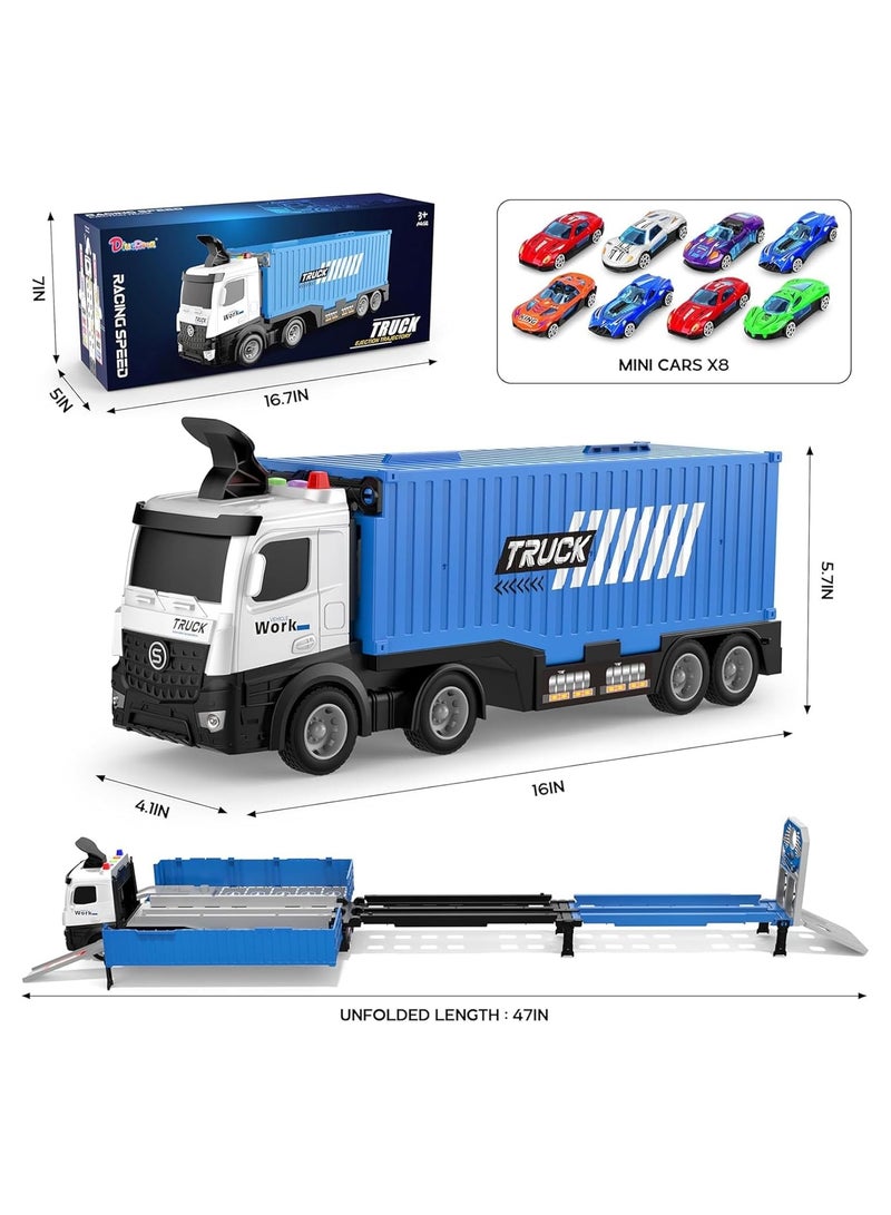 Beauenty Race Car Track Toy Truck Toy with Slots & Foldable Race Tracks Transport Car Carrier Toy for Toddlers Cars Toy Set Container Truck Toy with 8 Alloy Cars Vehicles Toy Set for 3+ Kids Boys Girls - Image 3