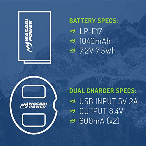 Wasabi Power بطارية وسباي باور LP-E17 (عبوة 2) وشاحن USB مزدوج لكاميرات كانون LP-E17 وCanon EOS R10، EOS RP، EOS M6 Mark II، M6، M5، M3، EOS Rebel T8i، T7i، T6i، T6s، EOS Rebel SL3، SL2، EOS 77D - Image 3