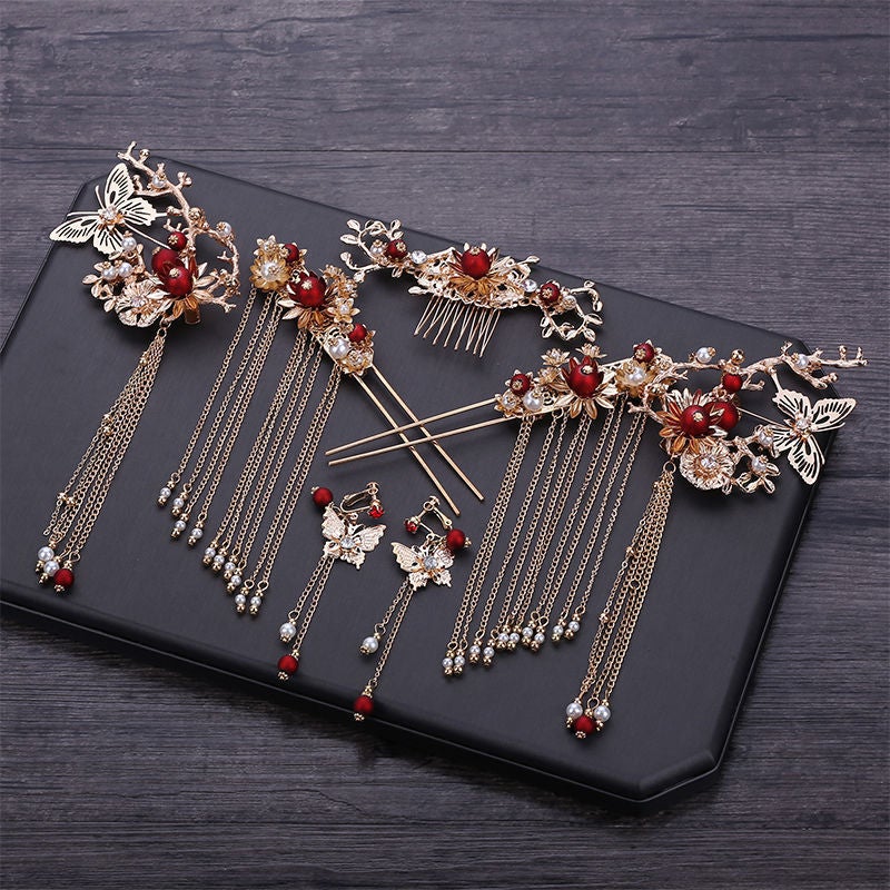 Generic Butterfly Chinese Elements Butterfly Grab Clip Hanfu Accessories Tassel Back Head Grab Clip Antique Hair Accessories Retro Hairpin Qian Yi T100 ear clip [full set] send eyebrow stickers