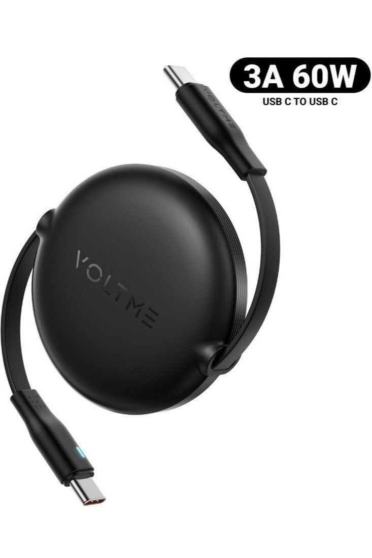 VOLTME 60W 3A Retractable Type C Cable with Power Delivery (PD) & E-Marker Chip (1m, 3ft) – Fast Charging & Data Sync USB-C to USB-C Cord Compatible with iPhone Air, 17/17 Pro/17 Pro Max, iPhone 16/16 Pro/16 Pro Max, iPhone 15 Series, iPad Pro M4, iPad Air M2, MacBook Pro/Air M3, Galaxy S25/S24 Ultra, Pixel 9 Pro, Huawei P60, Xiaomi 14, Steam Deck, ASUS ROG Alien, Nintendo Switch, PS5 Controller, iPad Mini 6, USB C Earbuds, Power Banks – Black - Image 1