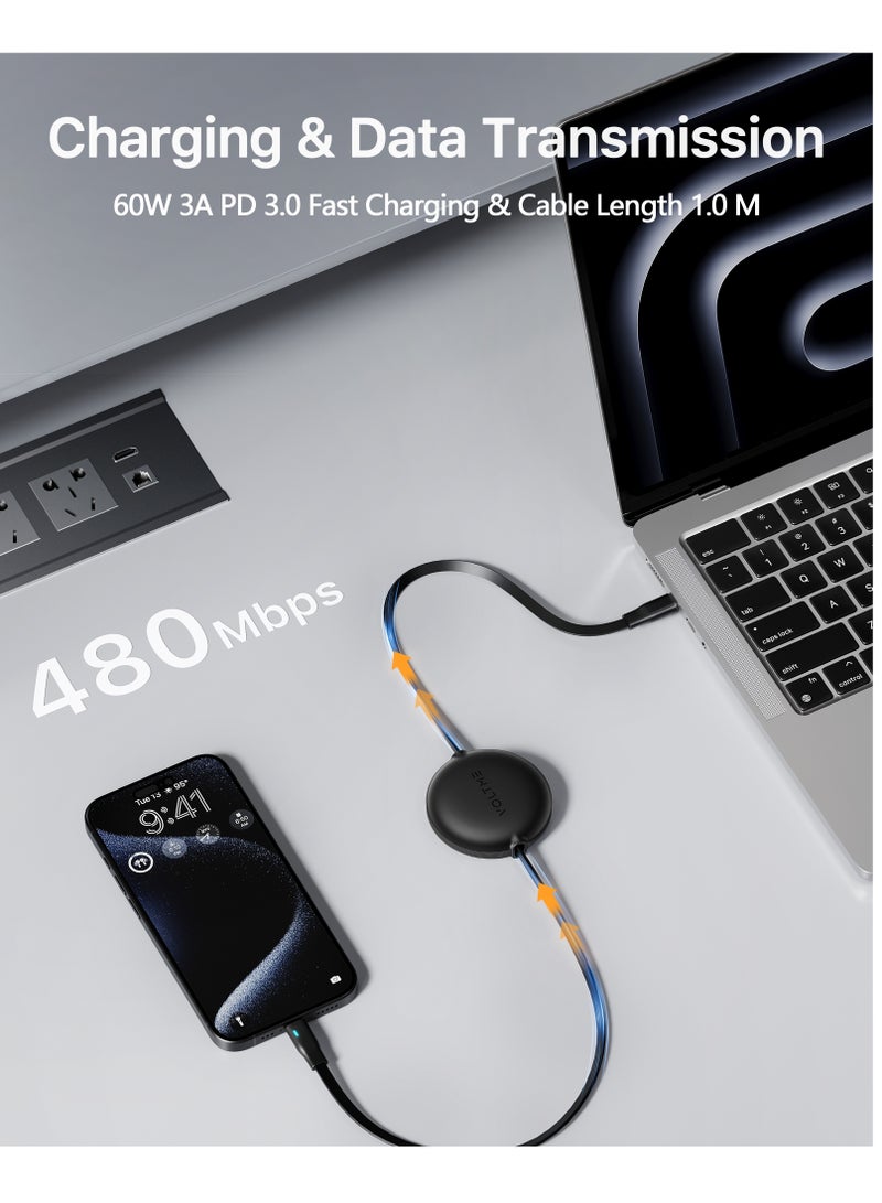 VOLTME 60W 3A Retractable Type C Cable with Power Delivery (PD) & E-Marker Chip (1m, 3ft) – Fast Charging & Data Sync USB-C to USB-C Cord Compatible with iPhone Air, 17/17 Pro/17 Pro Max, iPhone 16/16 Pro/16 Pro Max, iPhone 15 Series, iPad Pro M4, iPad Air M2, MacBook Pro/Air M3, Galaxy S25/S24 Ultra, Pixel 9 Pro, Huawei P60, Xiaomi 14, Steam Deck, ASUS ROG Alien, Nintendo Switch, PS5 Controller, iPad Mini 6, USB C Earbuds, Power Banks – Black - Image 2