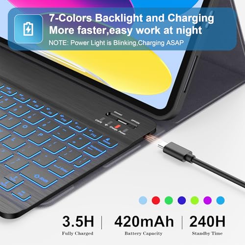 Supveco Keyboard Case for iPad (A16) 11th/10th Generation 11&10.9 Inch with Pencil Holder,7 Colors Backlit Wireless Detachable Folio Keyboard Cover for iPad 11th/10th Gen 2025/2022-Notebook - Image 5