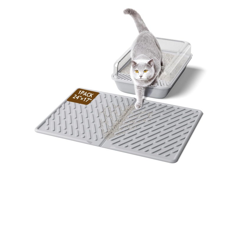 kaxionage EVA Cat Litter Trapping Mat: Easy Clean Waterproof Kitty Litter Box Mat, Anti-Slip Catcher with Grooves & Raised Edges Scatter Control (24 * 17in-Grey-1) - Image 1