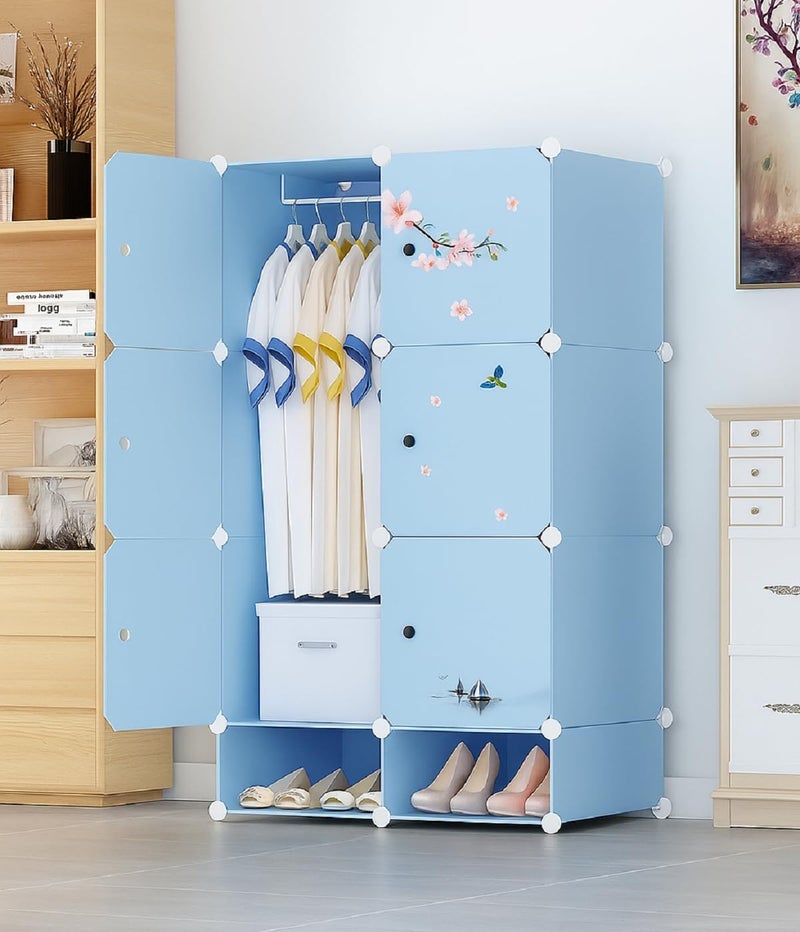 Larocia Kids Plastic Wardrobe for Clothes, Foldable Plastic Almirah for Toys & Clothes, Collapsible Wardrobe Cupboard for Clothes, Storage Rack for Kitchen Home, Living, Office (Blue, 6 Door) - Image 1