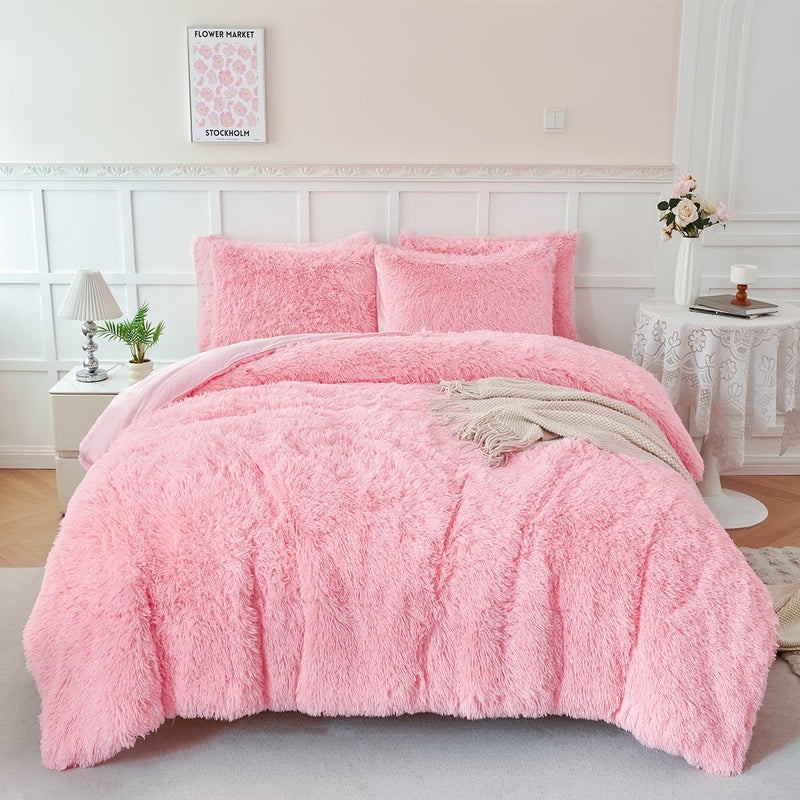 PERFEMET 3 Pieces Plush Pink Comforter Sets Full Size Soft Long Faux Fur Shaggy Girls Bedding Set Warm Velvet Fluffy Fuzzy Bed Set for Kids Teens(Pink, Full) - Image 2