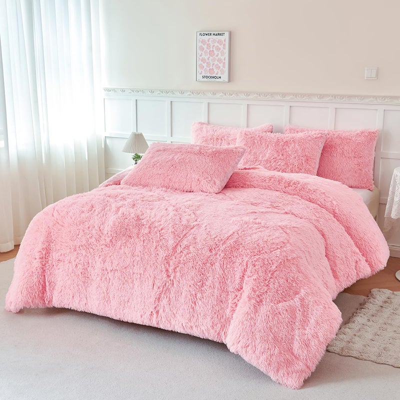 PERFEMET 3 Pieces Plush Pink Comforter Sets Full Size Soft Long Faux Fur Shaggy Girls Bedding Set Warm Velvet Fluffy Fuzzy Bed Set for Kids Teens(Pink, Full) - Image 1