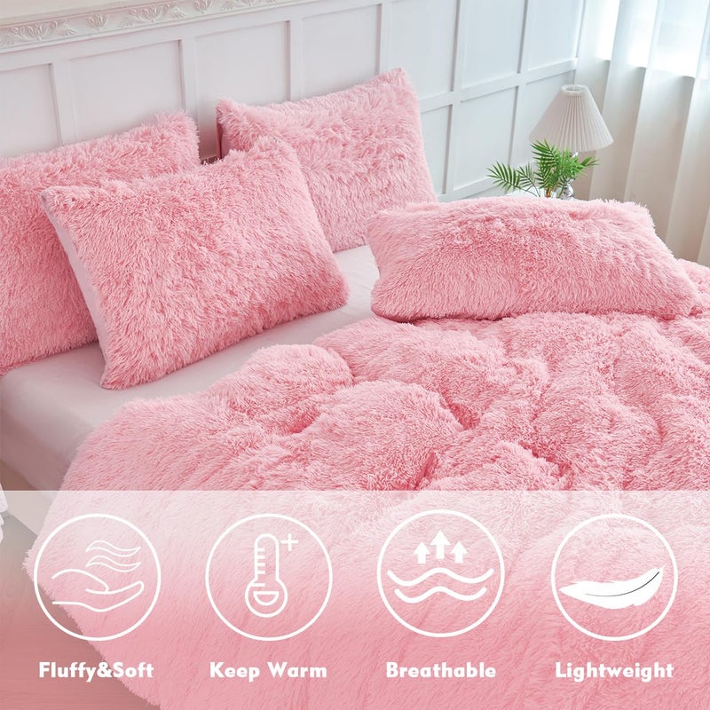 PERFEMET 3 Pieces Plush Pink Comforter Sets Full Size Soft Long Faux Fur Shaggy Girls Bedding Set Warm Velvet Fluffy Fuzzy Bed Set for Kids Teens(Pink, Full) - Image 3