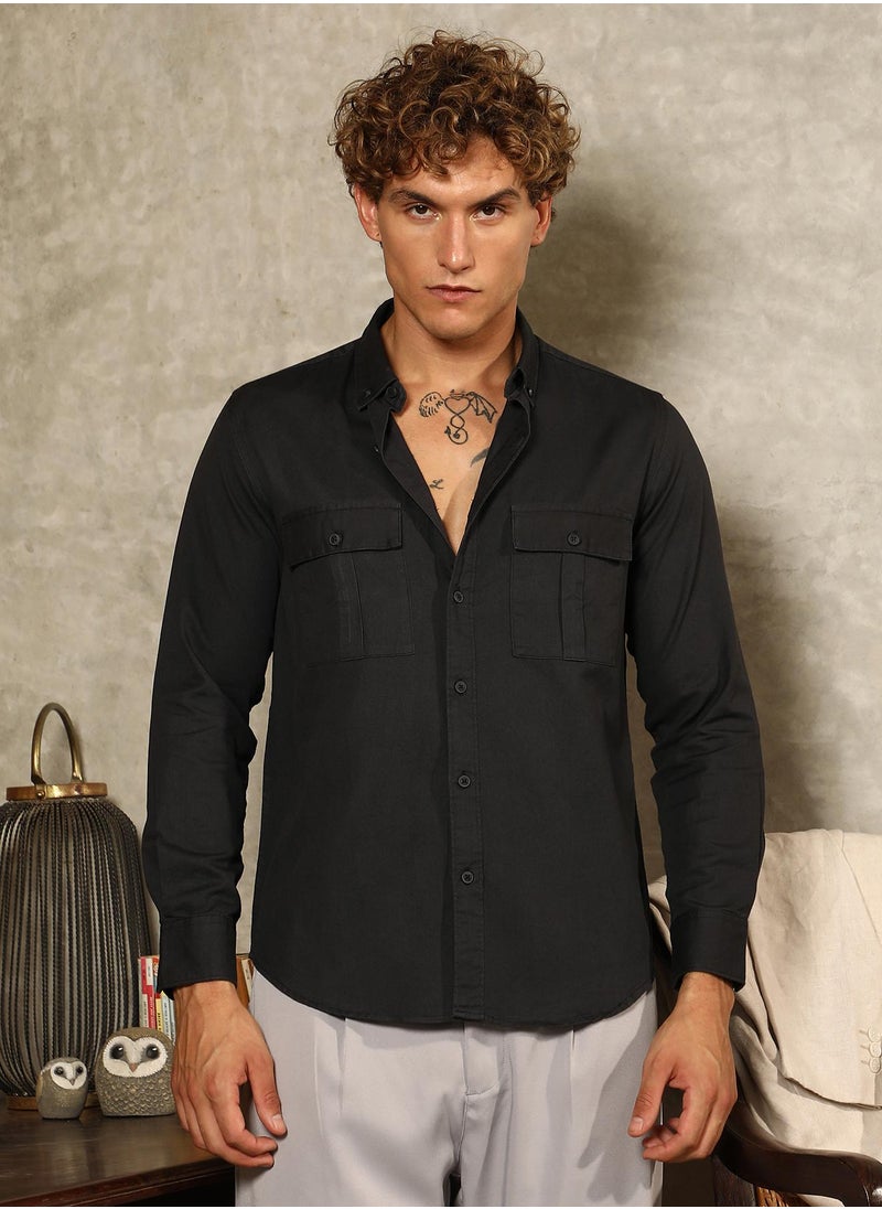 Campus Sutra Campus Sutra Men's Onyx Black Button-Down Utility Shirt For Casual Wear | Spread Collar | Long Cuffed Sleeves | Button Closure | Shirt Crafted With Comfort Fit For Everyday Wear  - Image 2