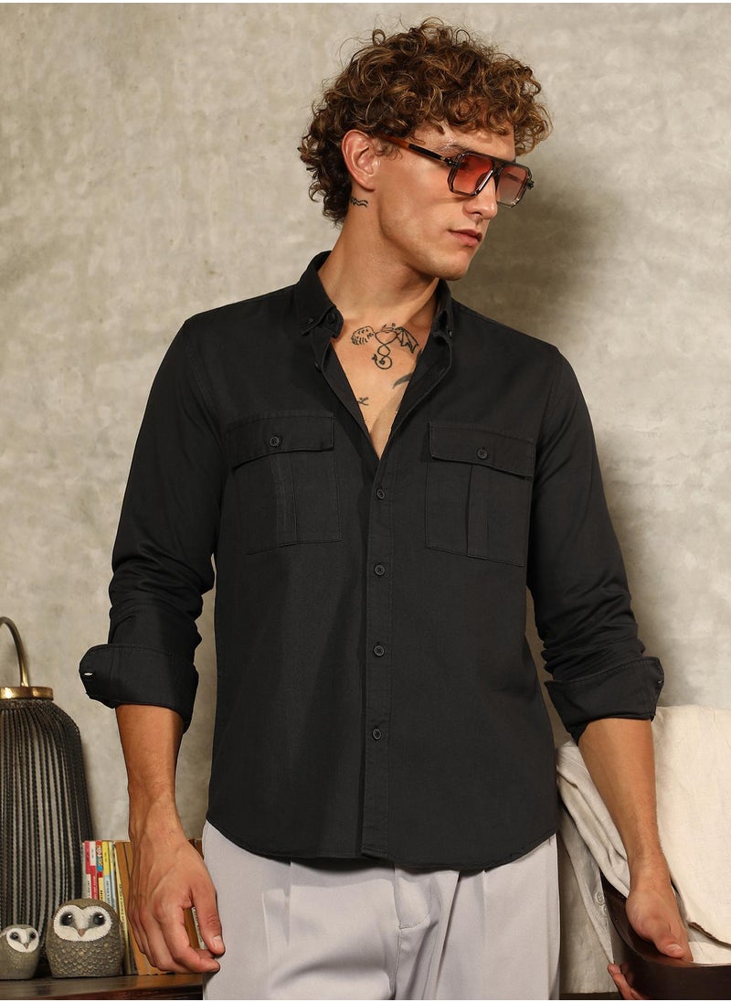 Campus Sutra Campus Sutra Men's Onyx Black Button-Down Utility Shirt For Casual Wear | Spread Collar | Long Cuffed Sleeves | Button Closure | Shirt Crafted With Comfort Fit For Everyday Wear  - Image 1