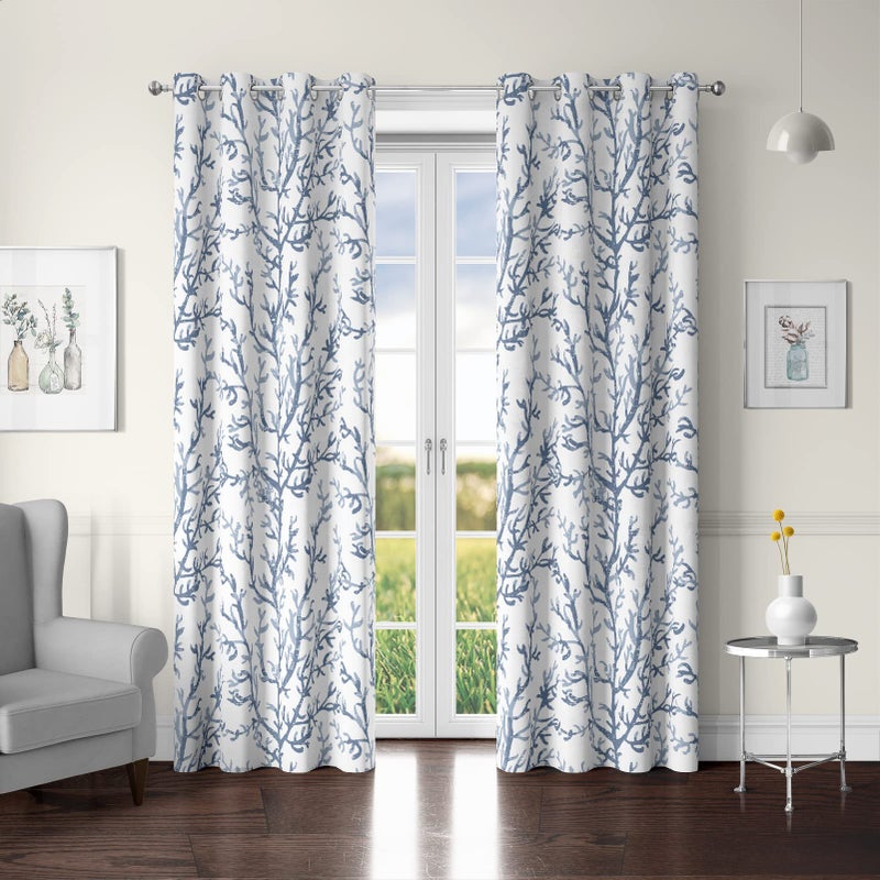 weesire Nautical Coastal Curtains Decorative Beach Ocean Coral 50% Light Blocking Sea Darkening Grommet Curtain for Villa Living Room, Bedroom Light Blue and White 2 Panels Set, 52x84 Inches - Image 4