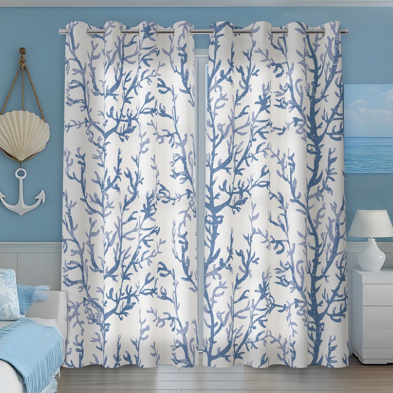 weesire Nautical Coastal Curtains Decorative Beach Ocean Coral 50% Light Blocking Sea Darkening Grommet Curtain for Villa Living Room, Bedroom Light Blue and White 2 Panels Set, 52x84 Inches - Image 3