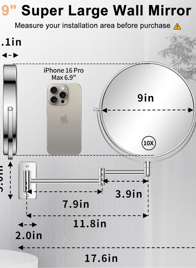 Gospire 9 Inch Extra Large Wall Mounted Mirror with 1X/10X Magnification, 360° Swivel & Extendable, Chrome Polished Finish for Bathroom Vanity, Shaving & Makeup (Men & Women) - Image 2