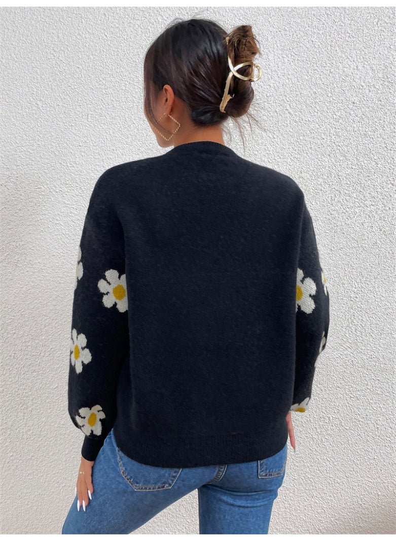 NIBEMINENT Print Floral Women Knit Sweaters Round Neck Loose Long Sleeve Sweater Elegant Streetwear Pullover Splice Autumn Winter - Image 3