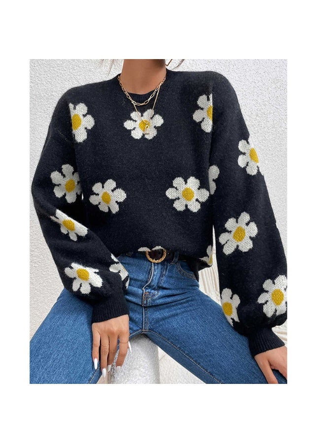 NIBEMINENT Print Floral Women Knit Sweaters Round Neck Loose Long Sleeve Sweater Elegant Streetwear Pullover Splice Autumn Winter - Image 1