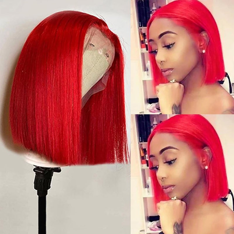 Red Bob Wig 180 Density Virgin Human Hair 13x4 Lace Front Short Cut 8inches Silky Straight Bob Wigs Bleach Knots for Women Pre Plucked Natural Hairline HD Lace Red Human Hair Middle Part Wigs