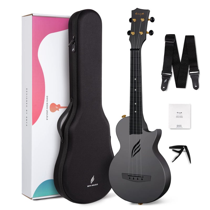 Enya Concert Ukulele Nova U 23 Carbon Fiber Travel Ukulele with Beginner Kit includes online lessons case strap capo and strings Black