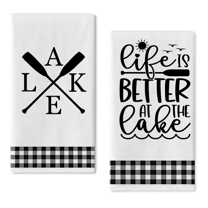 Seliem Life is Better at The Lake House Spring Summer Kitchen Dish Towel Lake Life Black White Buffalo Plaid Check Paddle Tea Bar Hand Drying Cloth Farmhouse Oar Decor Sign Home Decoration 18 x 26