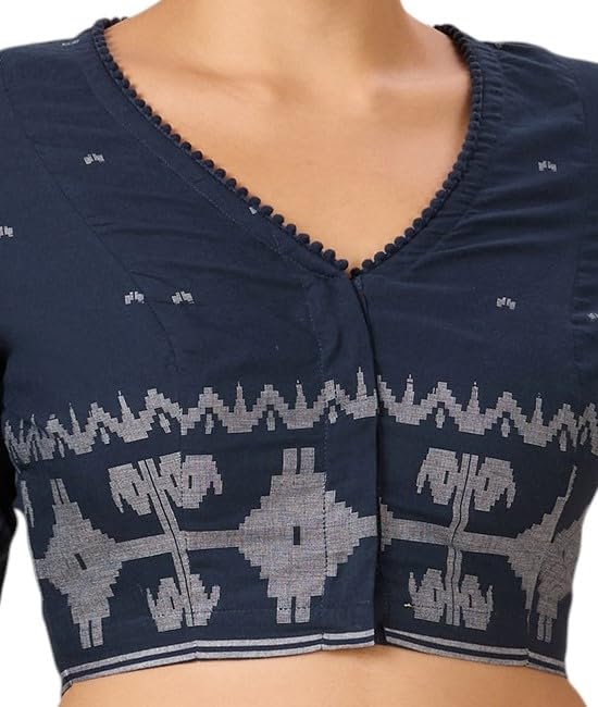 Studio Shringaar Women's Cotton Temple Border Readymade Saree Blouse(Navy Blue, 40) - Image 3