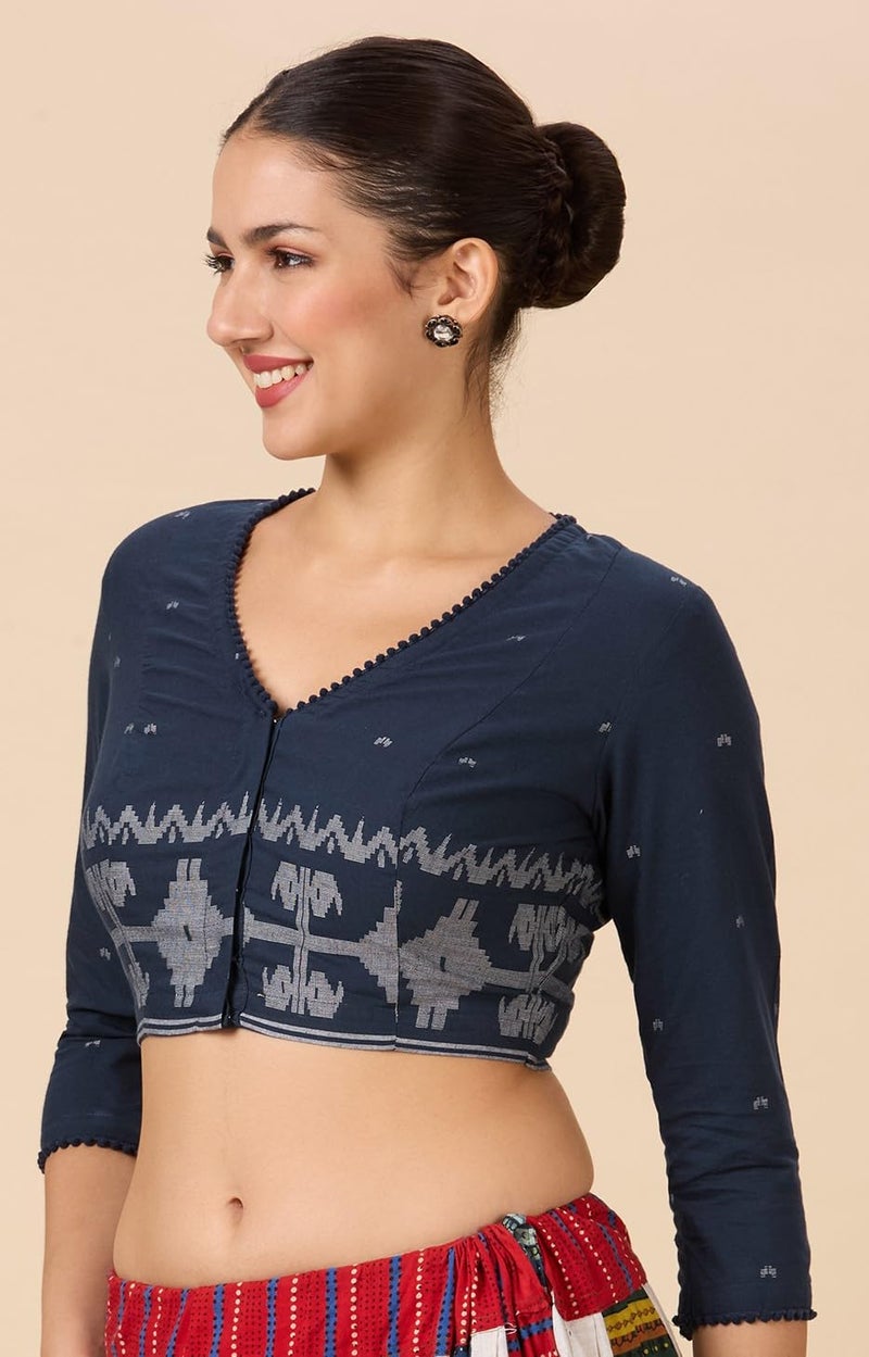 Studio Shringaar Women's Cotton Temple Border Readymade Saree Blouse(Navy Blue, 40) - Image 4