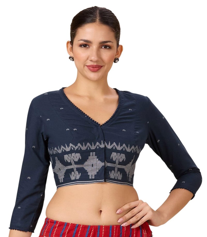 Studio Shringaar Women's Cotton Temple Border Readymade Saree Blouse(Navy Blue, 40) - Image 1