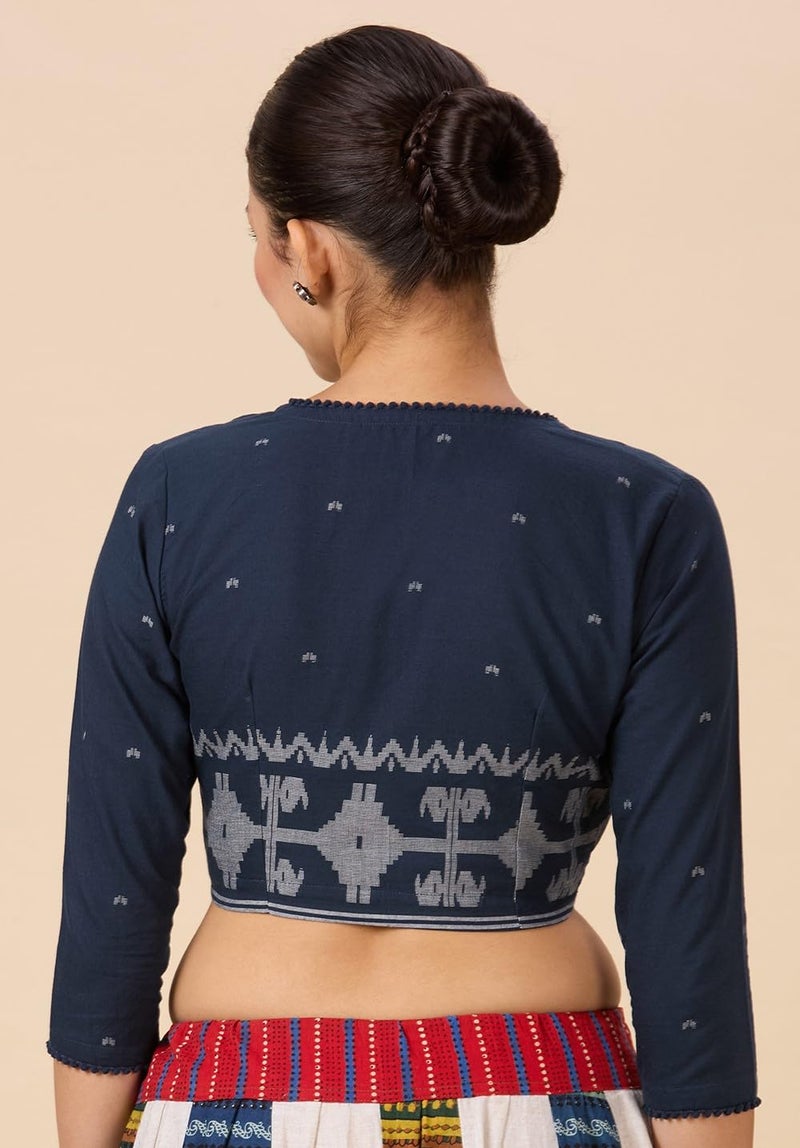 Studio Shringaar Women's Cotton Temple Border Readymade Saree Blouse(Navy Blue, 40) - Image 2