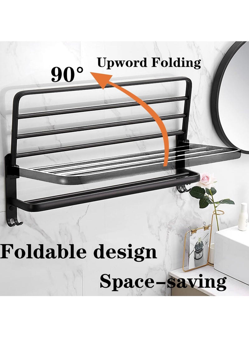 SYOSI Towel Rack for Bathroom, 40 cm Wall-Mounted Towel Holder with Double Bar and Foldable Shelf, Rustproof Towel Organizer for Bath, Balcony, Lavatory, Black - Image 2