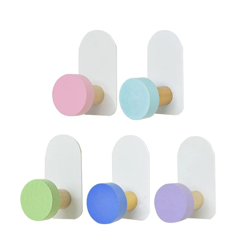 Self Adhesive Wall Hooks 5Pcs Wood Metal Coat Hat Holders No Marking Clothes Hangers - Image 2