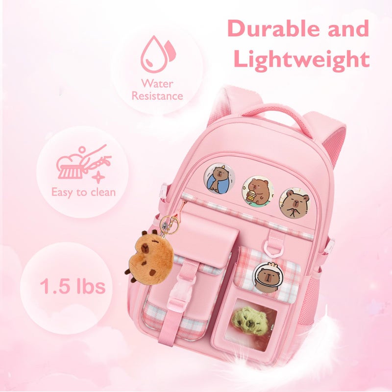 DHUENIOPE Capybara Backpack Cartoon backpack with Cute Pin Accessories Capybara Plush and Keychain Laptop Bag Casual Daypacks (PINK) - Image 4