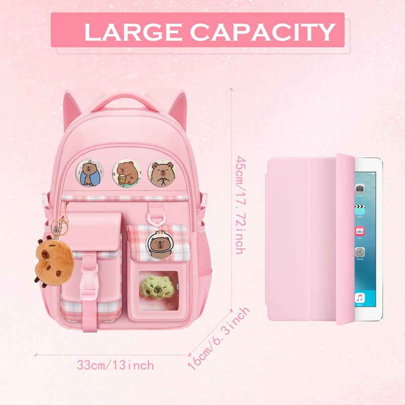 DHUENIOPE Capybara Backpack Cartoon backpack with Cute Pin Accessories Capybara Plush and Keychain Laptop Bag Casual Daypacks (PINK) - Image 2